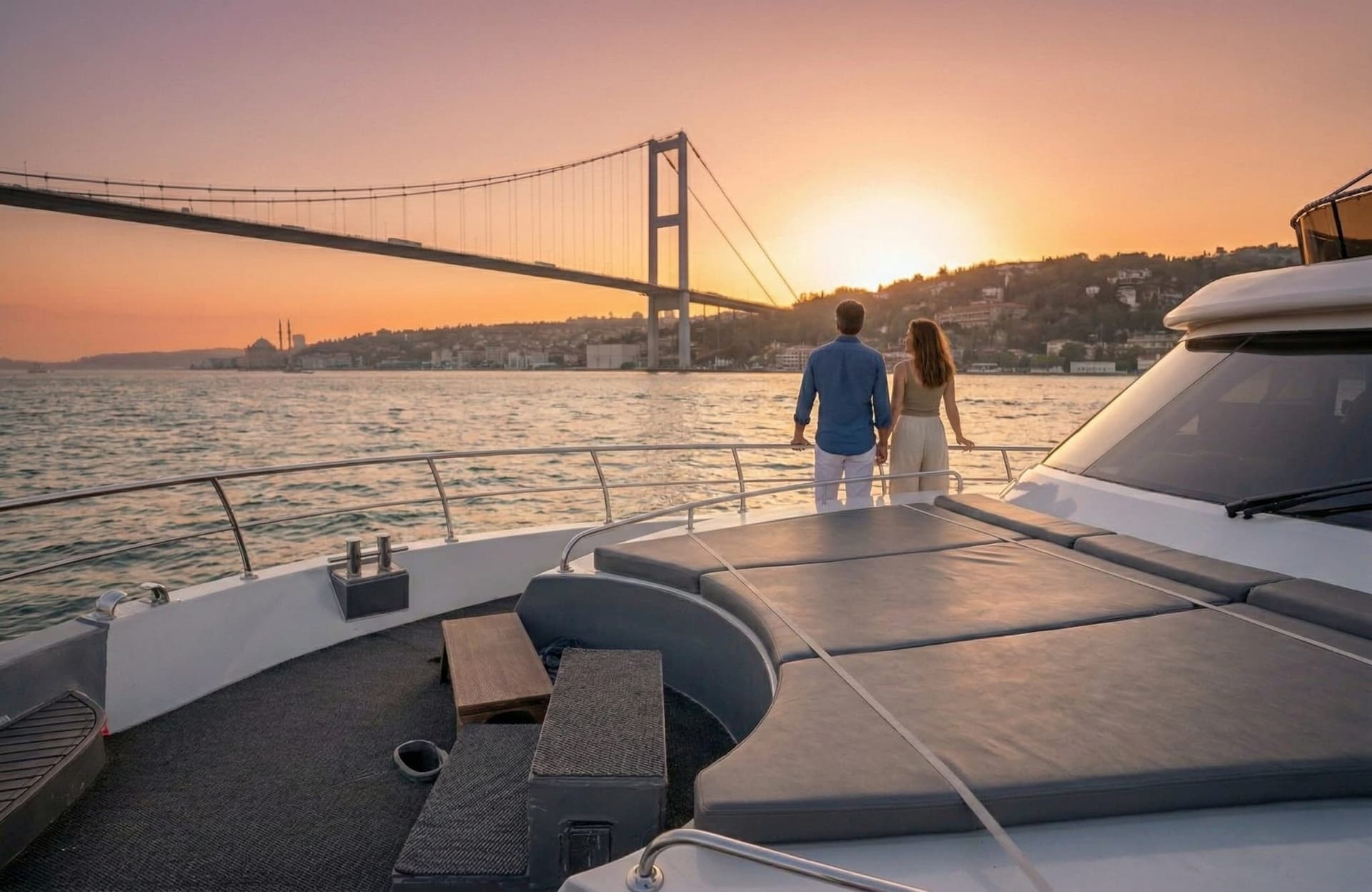 Two guests at the bow of a private yacht as the sun sets beside the Bosphorus Bridge